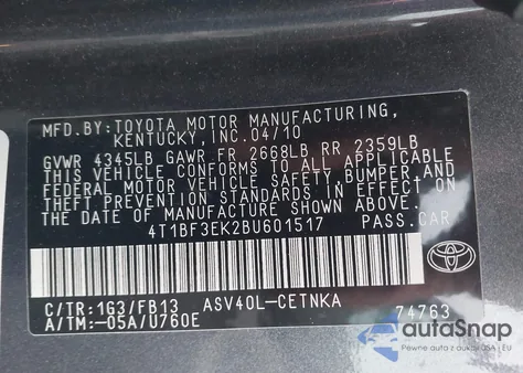 2011 Toyota Camry Le z USA, uszkodzony, nr VIN 4T1BF3EK2BU601517